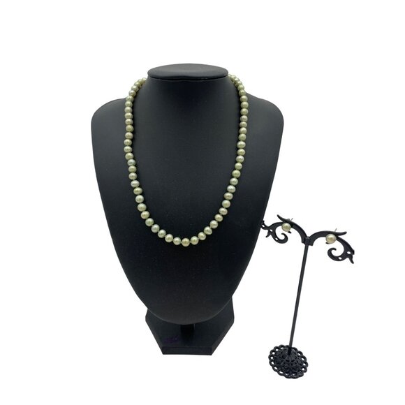 Green Pearl Necklace & Earrings Set With 925 Silver Clasp